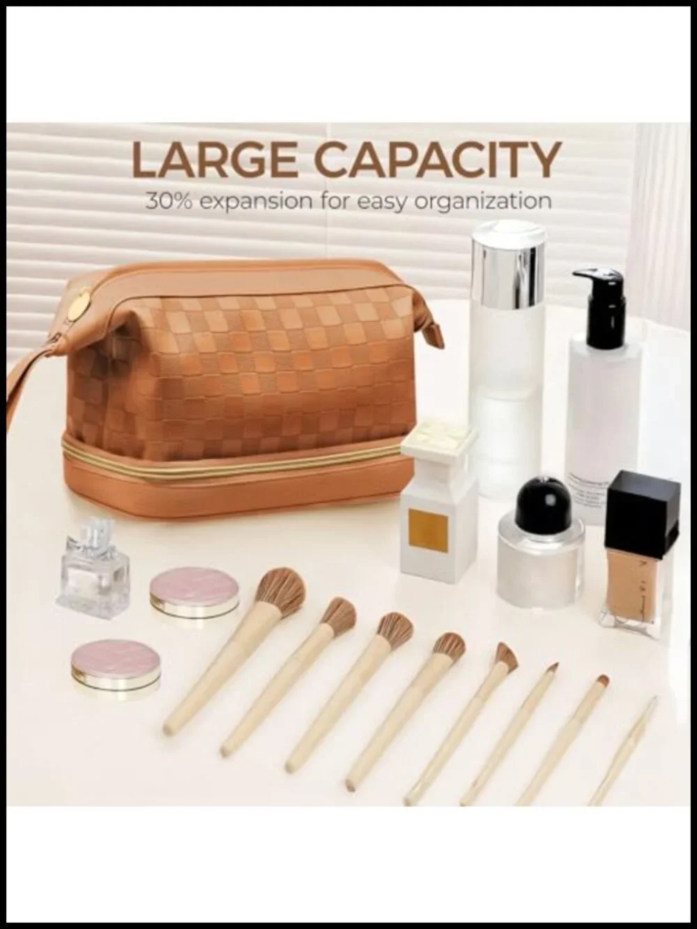 Double Layer Travel Makeup Bag with Brush Compartment, Waterproof PU Leather,